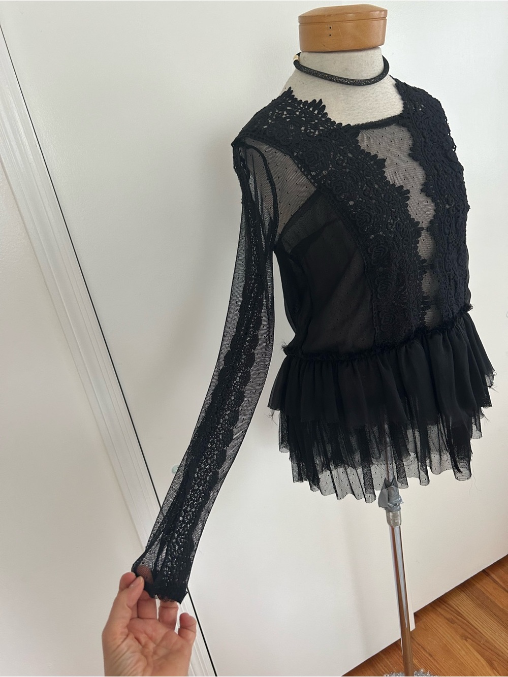 Free People Boho Sexy Semi Sheer Lace Tulle Mesh Ruffle Romantic Whimsigoth Top - Picture 3 of 10